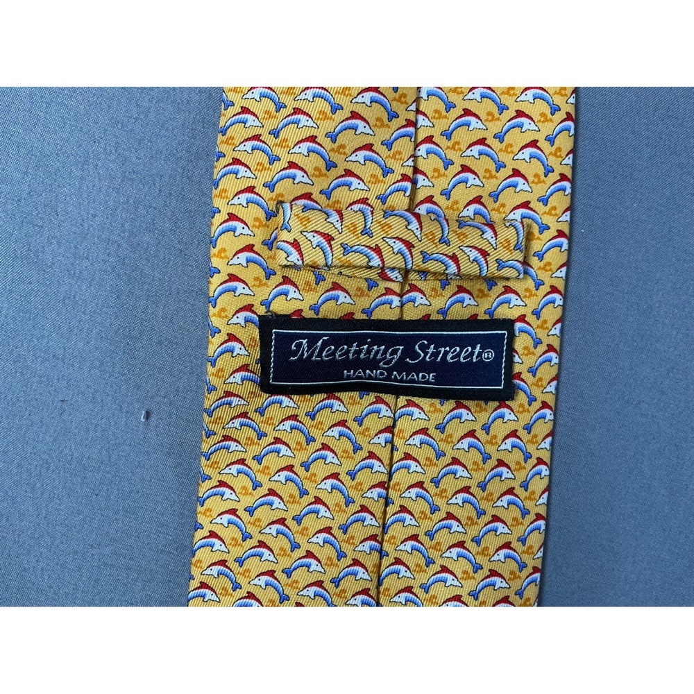 Meeting Street Yellow 100% Silk Dolphin Print Hand made Necktie Tie